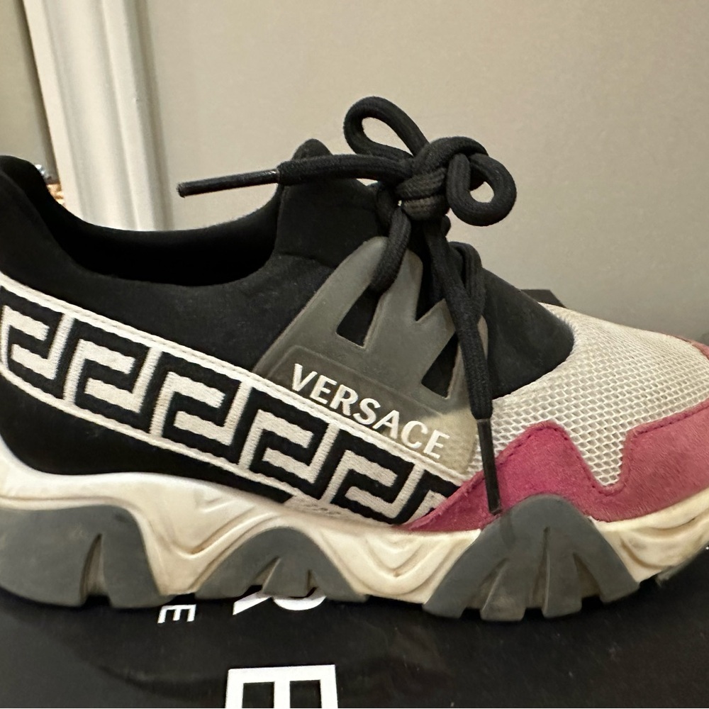 Versace Black and Pink Sneakers with Greek Key Pattern